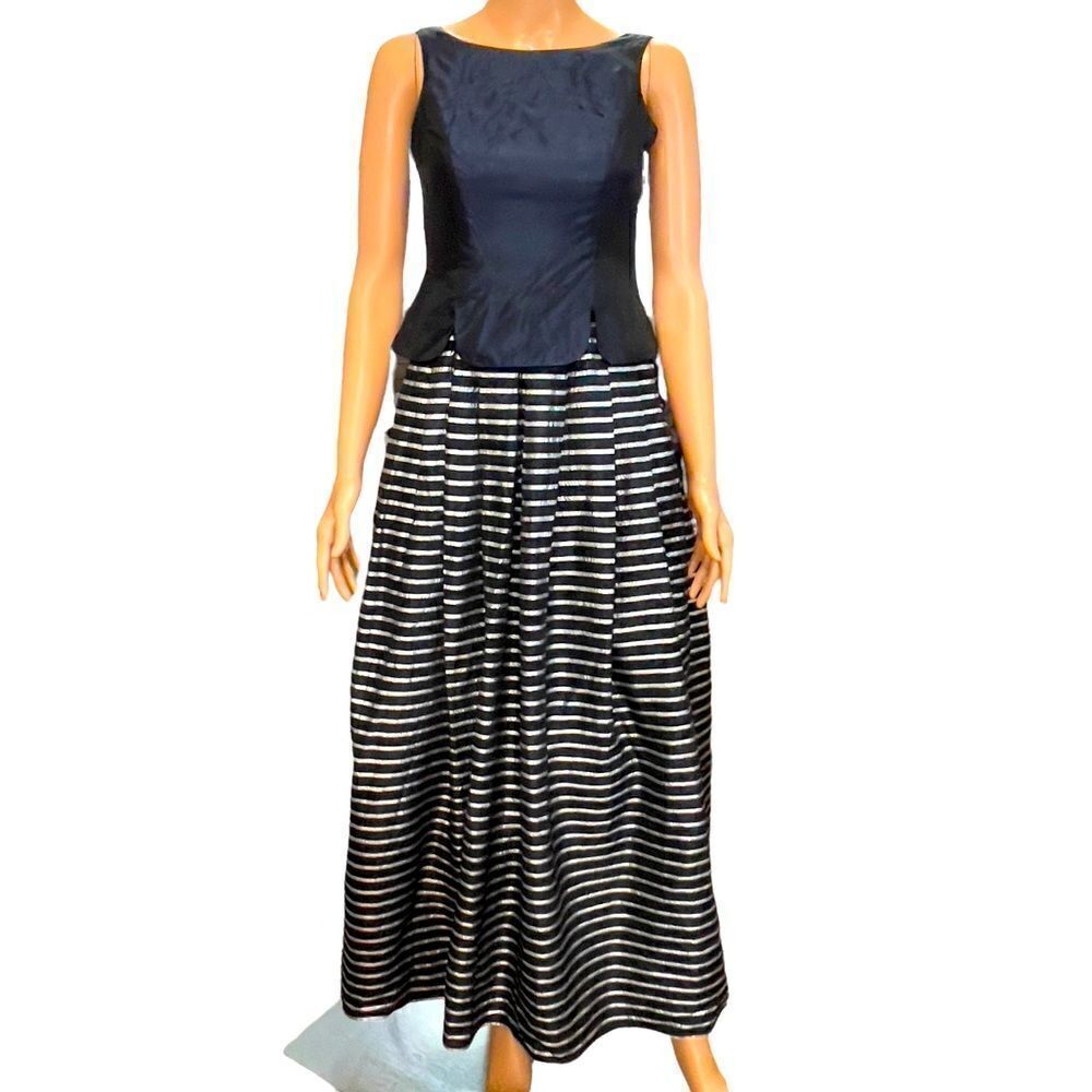 Nightway Navy & Stripe Long Evening Dress Sz S